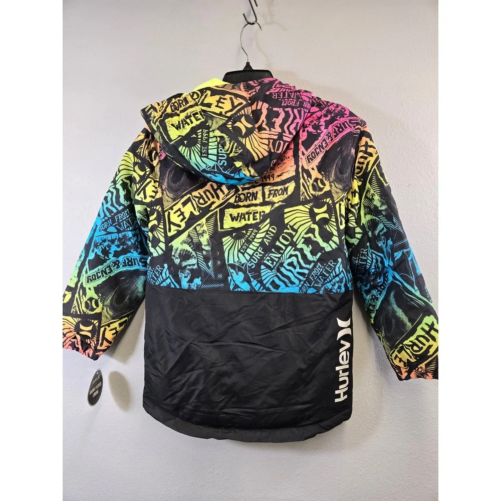 Hurley Neon Graffiti Graphic Fleece Lined Hooded Puffer Jacket Size Medium